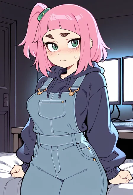 masterpiece, best quality, black outlines, score_9, score_8_up, score_7_up, soft lighting, dramatic lighting, artist:wamudraws, fishine, (backlighting:1.6), 1girl, solo, kiui_watase, pink hair, blunt bangs, short hair, green eyes, thick eyebrows, side ponytail, dark blue hoodie, baggy clothes, overalls, bedroom, dark bedroom, sexy, looking back at viewer, seductive, embarrassed, (annoyed:0.6), computer, pc, medium breasts, on bed, bed,