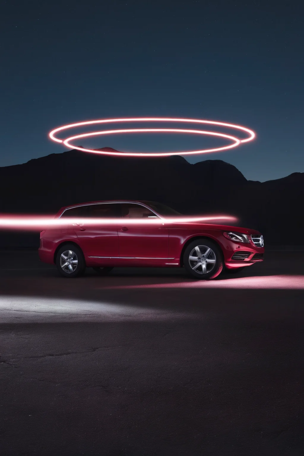 <lora:Photographer Reuben Wu Style:1>Photographer Reuben Wu Style - a red car parked in a parking lot at night with a light ring of light in the background