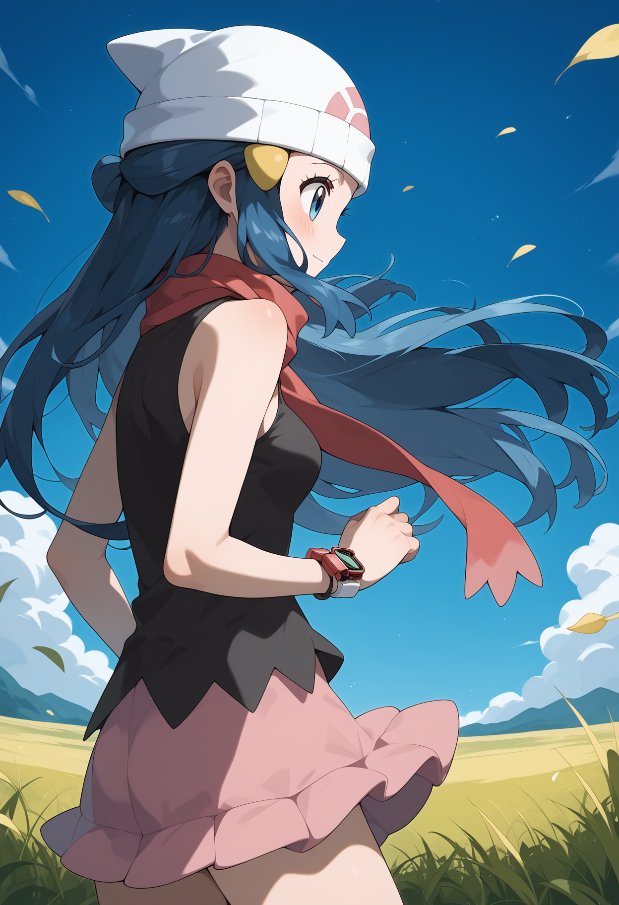 score_9, score_8_up, score_7_up, score_6_up, score_5_up, score_4_up, source_anime, aadawn, long hair, blue hair, beanie, white headwear, hair ornament, blue eyes, breasts, red scarf, sleeveless shirt, black shirt, wristwatch, bracelet, pink skirt, <lora:dawn_(pokemon)_ponyxl_v1:0.9>, standing, cowboy shot, outdoors, filed, wind, from side,