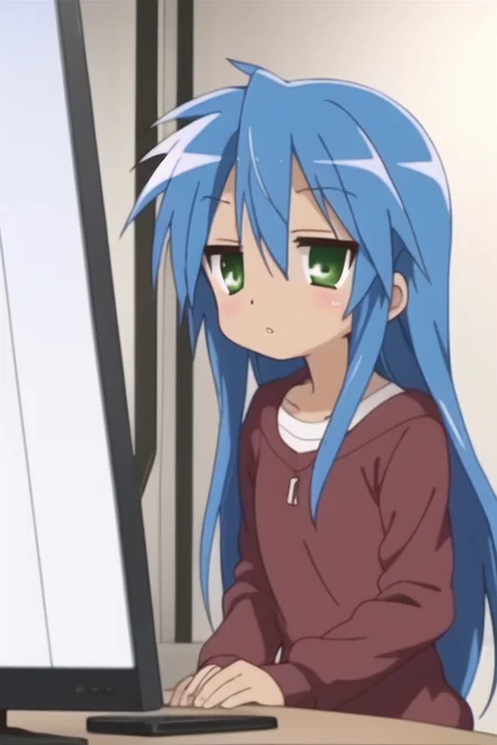 best quality, (konataFull-10000:.9), ((playing on a computer)), pouting