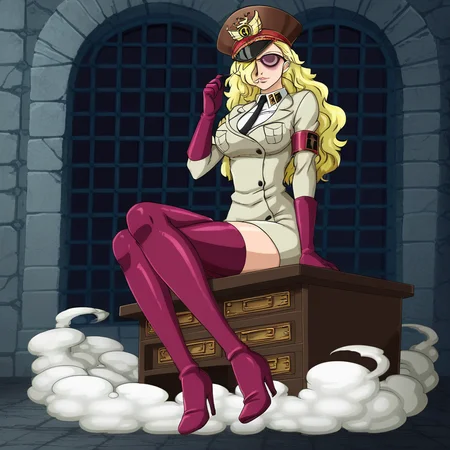 DominoOP, 1girl, solo, long hair, wavy hair, blonde hair, sunglasses, hair over one eye, lips, large breast, uniform, hat, necktie, peaked cap, military uniform, gloves, high heels, boots, thighhighs, shirt, over the knee boots heels, tgigh boots, jacket, skirt, pockets, armband, collar,seductive pose,