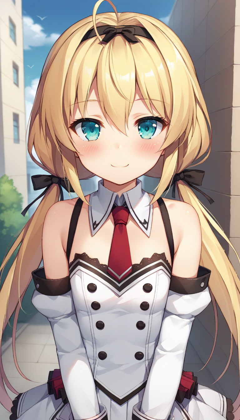 score_9,score_8_up,masterpiece,best quality,correct anatomy,anime_source,1girl,solo,perfect eyes,perfect arms,perfect legs,perfect face,outdoors,upper body,(portrait:1.5),looking at viewer,facing viewer,smile,blush,Sara Tiffal,ahoge,very long hair,blonde hair,black hairband,low twintails,hair ribbon,sidelocks,hair between eyes,aqua eyes,detached collar,red necktie,cleavage cutout,white jacket,double-breasted,detached sleeves,white gloves,flat chest,miniskirt,white skirt,pleated skirt,lace trim,zettai ryouiki,white thighhighs,lace-trimmed thighhighs,thigh boots,white footwear,<lora:Sara Tiffal(jcb)-Pony:1.2>,