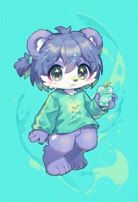score_9, score_8_up, male, solo, full body, digital art, highly detailed, <lora:CuteMixPDv4:1>, zPDXL2, zPDXLpg, zPDXL, bear, green shirt, big eyes, large pupil, look at viewer, furry, kemono, cute, anthro, zavy-splsh, paint splash, green paint splash, dreamful background