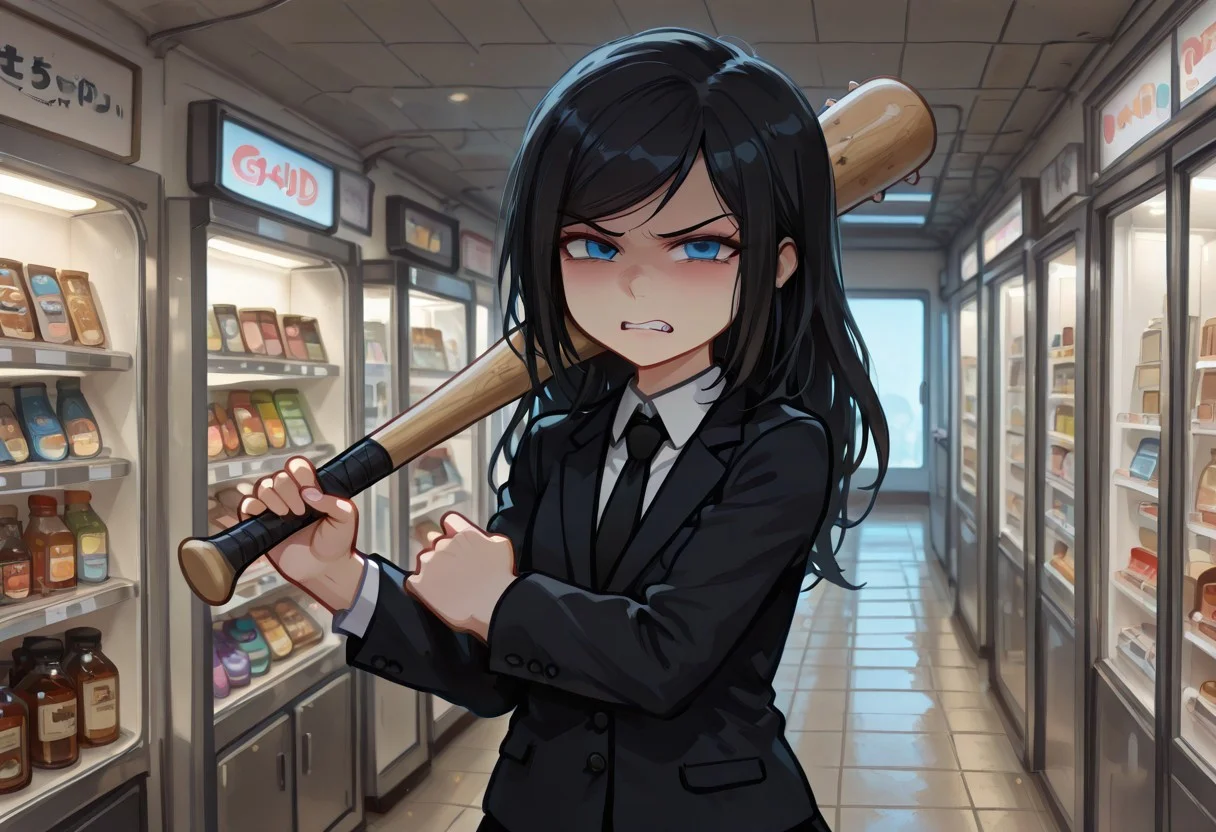 masterpiece,best quality,amazing quality,gacha, gacha, g64oldelugdd, g64oldelugdd, girl, black hair, long hair, blue eyes, black tie, black skirt, black jacket with tie, shop cel-shading, store, (dark:1.5), backlit, (upper body shot), holding baseball bat, angry face, aggressive pose, angry pose, dynamic pose