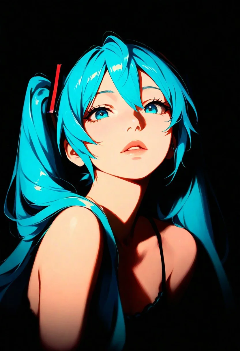 1girl, hatsune_miku, lips, thin lips, parted lips, solo, looking at viewer, camisole, upper body, dark, underlightling, masterpiece, best quality, very aesthetic
