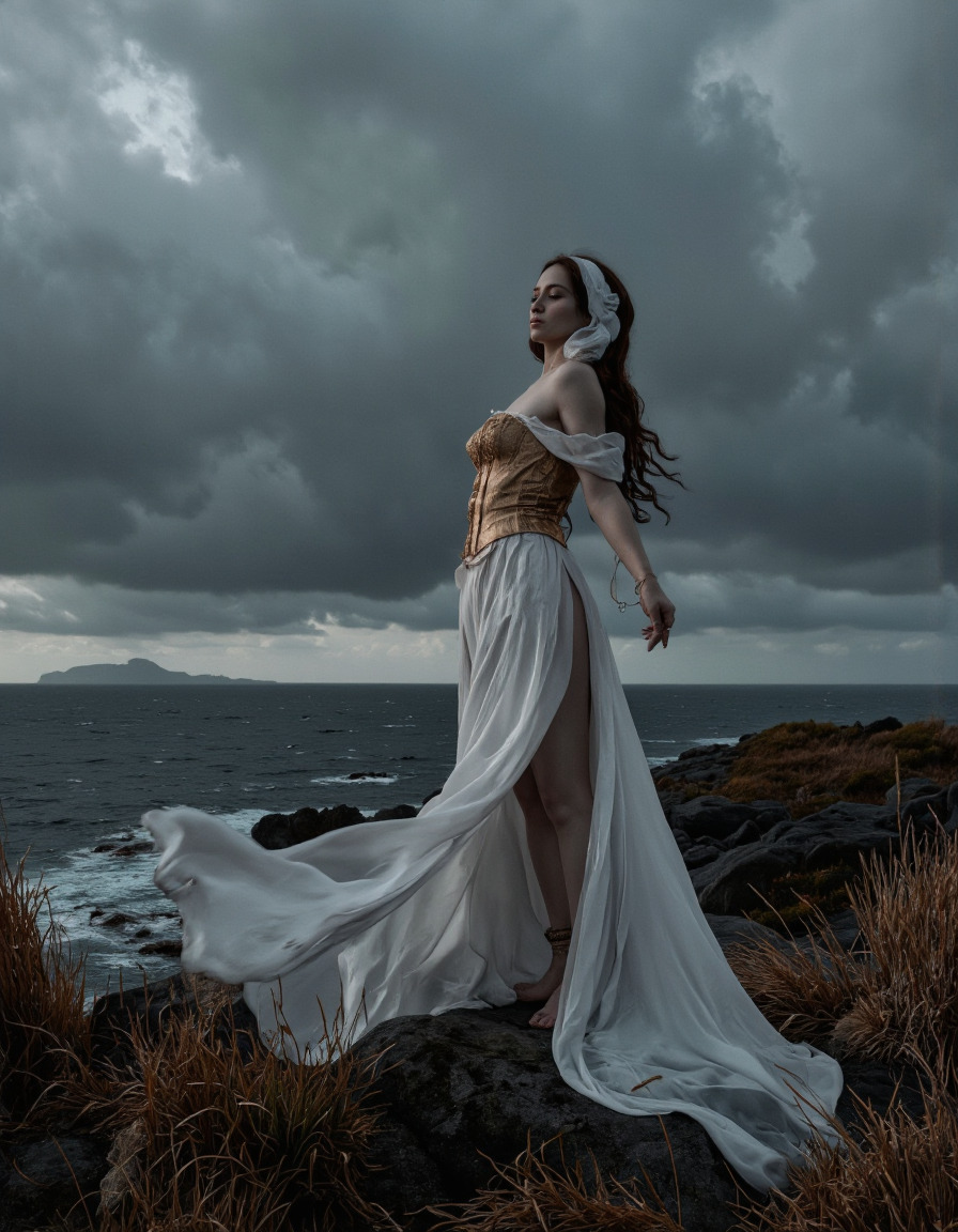 . A photo-realistic shoot from a side camera angle about a woman in a flowing dress standing on a rocky cliff overlooking the ocean under a stormy sky. the image also shows dramatic clouds and a distant island in the distance. on the middle of the image, a woman, who appears to be in her mid-twenties, with long brown hair, is standing with her full body facing the viewer. she has a serene expression, with her eyes closed and her mouth slightly open. she is wearing a strapless, off-the-shoulder, long, flowing white dress with a gold corset and a thigh-high slit, revealing her bare shoulders and bare shoulders. the dress is flowing in the wind, and she is standing on the rocky cliff, with the ocean stretching out in front of her. the woman is surrounded by tall grasses on the right side, and the dramatic clouds in the background add to the moody atmosphere.