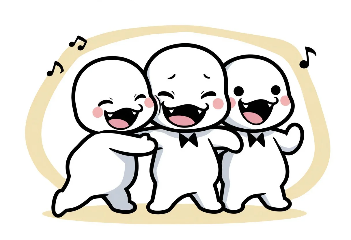 ch0rus_RH, 3boys, clone, multiple boys, lineup, no nose, white skin, solid circle eyes, black eyes, :3, smile, open mouth, fangs, tongue, masterpiece, absurdres, amazing quality, ultra-detailed, best quality, miniperson, short, no humans, chibi, black bowtie, hands up, full body, blush stickers, slightly chubby, music note, group hug, one eye closed, closed eyes, laughing, happy, cute,
BREAK
simple background, abstract background, shadow, detailed shading,