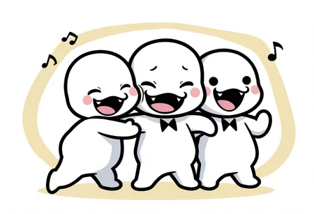 ch0rus_RH, 3boys, clone, multiple boys, lineup, no nose, white skin, solid circle eyes, black eyes, :3, smile, open mouth, fangs, tongue, masterpiece, absurdres, amazing quality, ultra-detailed, best quality, miniperson, short, no humans, chibi, black bowtie, hands up, full body, blush stickers, slightly chubby, music note, group hug, one eye closed, closed eyes, laughing, happy, cute,
BREAK
simple background, abstract background, shadow, detailed shading,