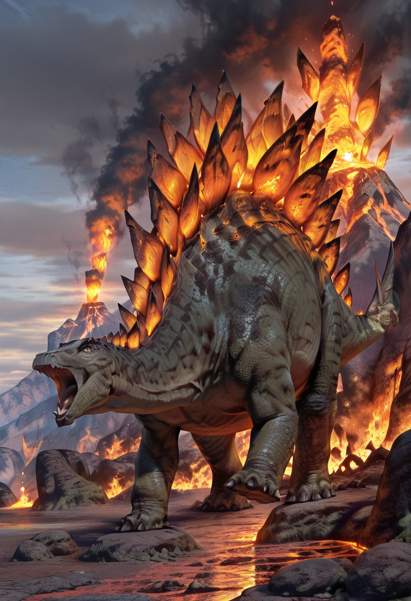 masterpiece, best quality,    zzStego, solo, open mouth, full body, horns, claws, realistic, lava, fire, volcano, magma,    ,<lora:StegosaurusDinosaur_IXL:1.0>,