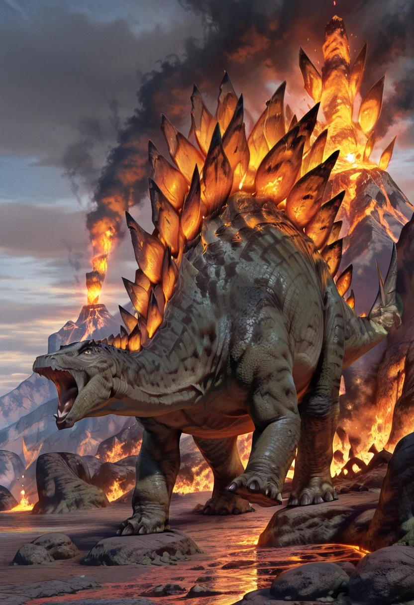 masterpiece, best quality, zzStego, solo, open mouth, full body, horns, claws, realistic, lava, fire, volcano, magma, ,<lora:StegosaurusDinosaur_IXL:1.0>,