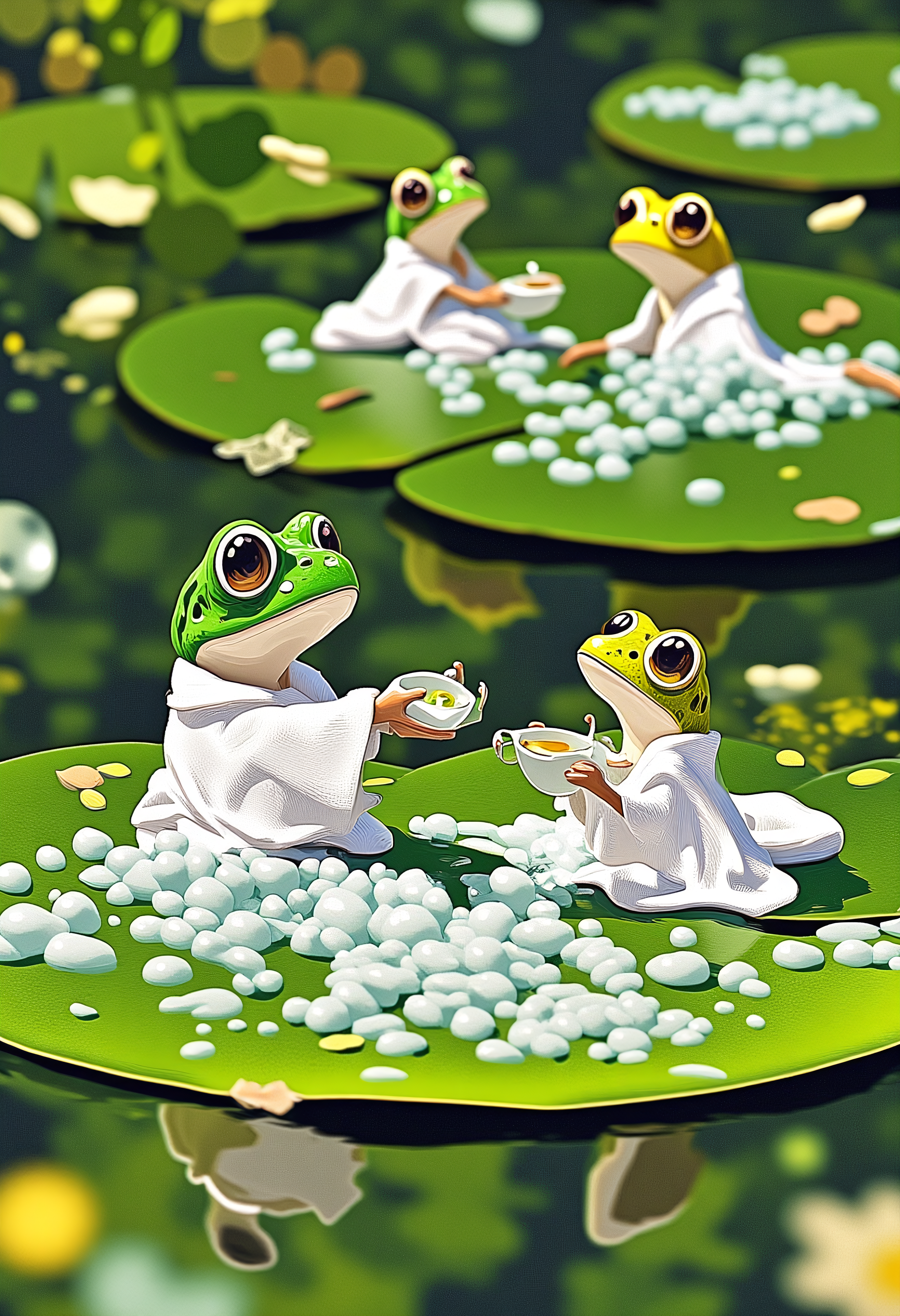 A luxurious lily pad spa where frogs are lounging in tiny robes, some enjoying cucumber masks, others soaking in bubble baths made from dewdrops. One tiny frog is struggling to keep its towel on, while another is dramatically sipping tea with a smug expression, Atey Ghailan Style