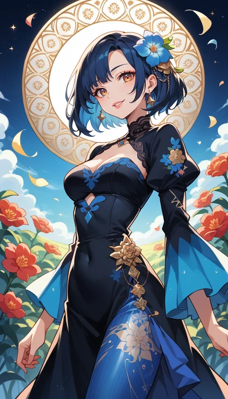 score_9, score_8_up, score_7_up, Anime Style, Cowboy Shot, girl, flirty model, cute, seductive, innocent, light smile:0.3, plump lips, slender body, with backside wearing a dress with flower pattern, dark fantasy, colorful, flowered arch background, depth of field, dynamic angle, fashion photography, sharp, hyperdetailed:1.15