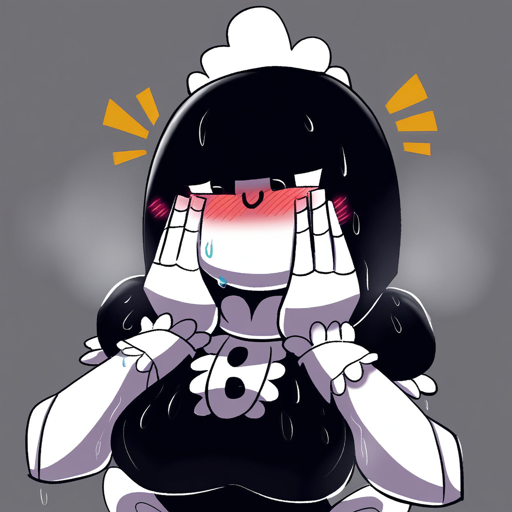 1girl, solo, solo female, score_6, maidbot, white skin, robot, black hair, blunt bangs, maid, maid headdress, breasts, smiling, blushing, embarrassed, hands on face, sweaty, half body,