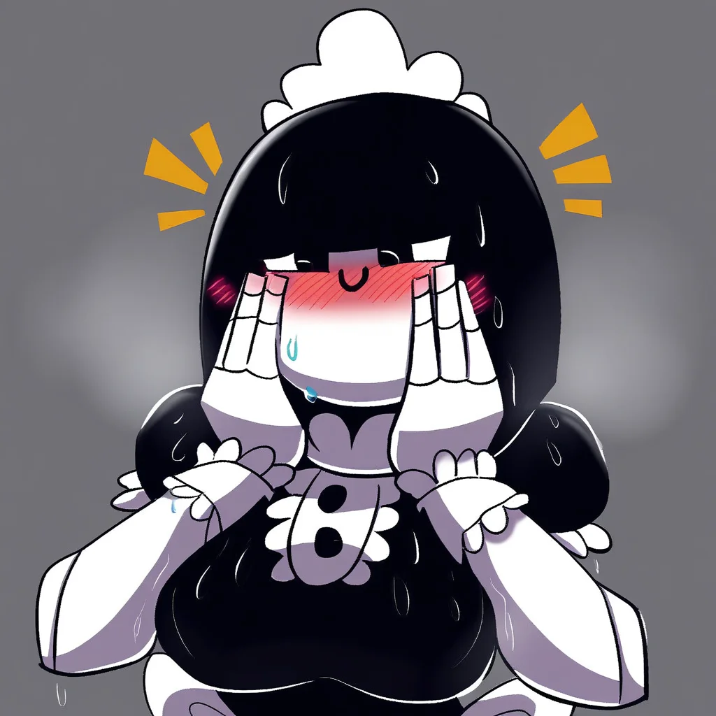 1girl, solo, solo female, score_6, maidbot, white skin, robot, black hair, blunt bangs, maid, maid headdress, breasts, smiling, blushing, embarrassed, hands on face, sweaty, half body,