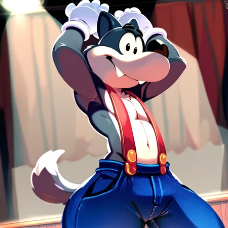 score_9, score_8_up, score_8, furry, Wally, wolf, fangs, cartoon style, 2d, skinny male, pecs, thick thighs, wide hips, solo, white gloves, overalls only, standing, on stage, under spotlight, arms up, looking at viewer, smile, inside