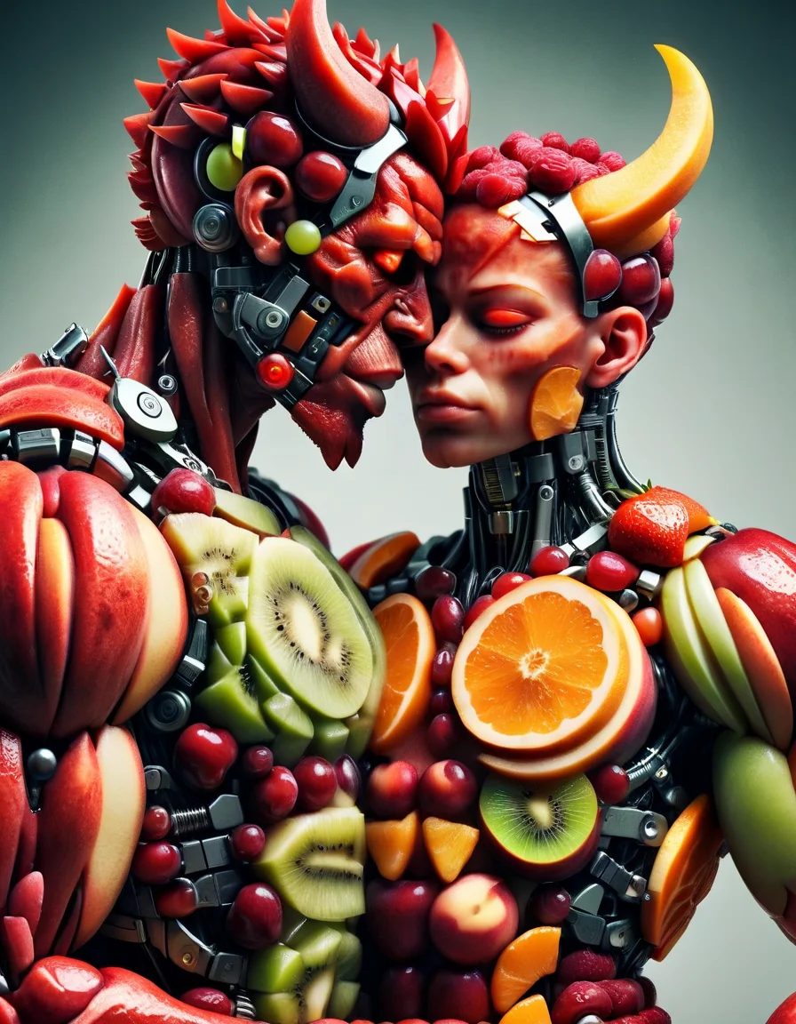 (masterpiece:1.1), (best quality:1.1), (intricate:1.1), (detailed:1.1), (ornate:1.1), (aesthetic:1.1), BREAK, (science fiction:1.1), (cyberpunk:1.0), (tragic:1.1), (red theme:1.0),(glowing:1.1), (metallic:1.0), BREAK, (upper body:1.0), (1boy + 1girl:1.1), (a muscled male demon embracing a innocent looking girl:1.1), (cyborg:1.1), (mechanical parts:1.1), (pain and pleasure:1.1), (covered in juice:1.1),, made out of ral-fruitsalad <lora:ral-fruitsalad-sdxl:1> ral-fruitsalad landscape