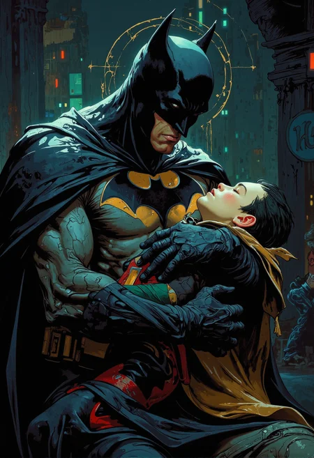 A modern pop-culture reinterpretation of the classic religious Pietà scene featuring Batman and Robin. Batman, depicted in sorrow and grief, cradles the lifeless body of Robin in his arms, evoking themes of sacrifice and loss. His cape flows dramatically, partially wrapping around Robin, emphasizing his protective yet mournful stance. The setting is dark and moody, with neon city lights faintly glowing in the background, creating a gothic yet modern atmosphere. The lighting is cinematic, casting deep shadows and highlighting the raw emotion on Batman's face. Elements of traditional religious art, such as a subtle halo-like glow around Batman, blend with the modern comic-book aesthetic. The composition is striking and reverent, paying homage to both classical art and the iconic superhero duo.