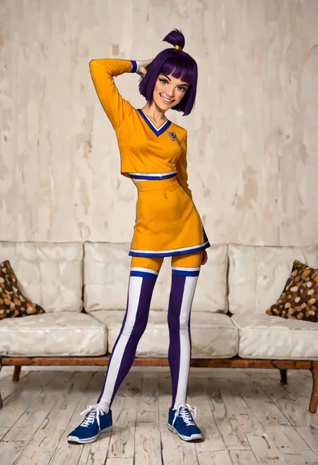 score_9, score_8_up, score_7_up, 1girl, dynamic pose, cowboy shot, light smile, looking at viewer, sitting on couch, simple background,
<lora:Theresa Fowler ( Randy Cunningham: 9th Grade Ninja ):1.1>,Theresa Fowler, solo, 1girl, short hair, purple hair, ponytail, gold hair band, blue eyes, gold cheerleader uniform, long sleeves, black and white stripe pattern leggings, blue shoes, flat stomach,wasp waist