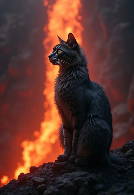 real cinematic a biggest cat-bird against a background of lava-waterfall, atmospheric, dark fantasy, photorealism, professional photo, hyperrealism, high resolution, high detail, many details, colorful, rmx-v7, 16k, UHD, HDR, 30mm lens, 1/250s, f/2.8, ISO 100