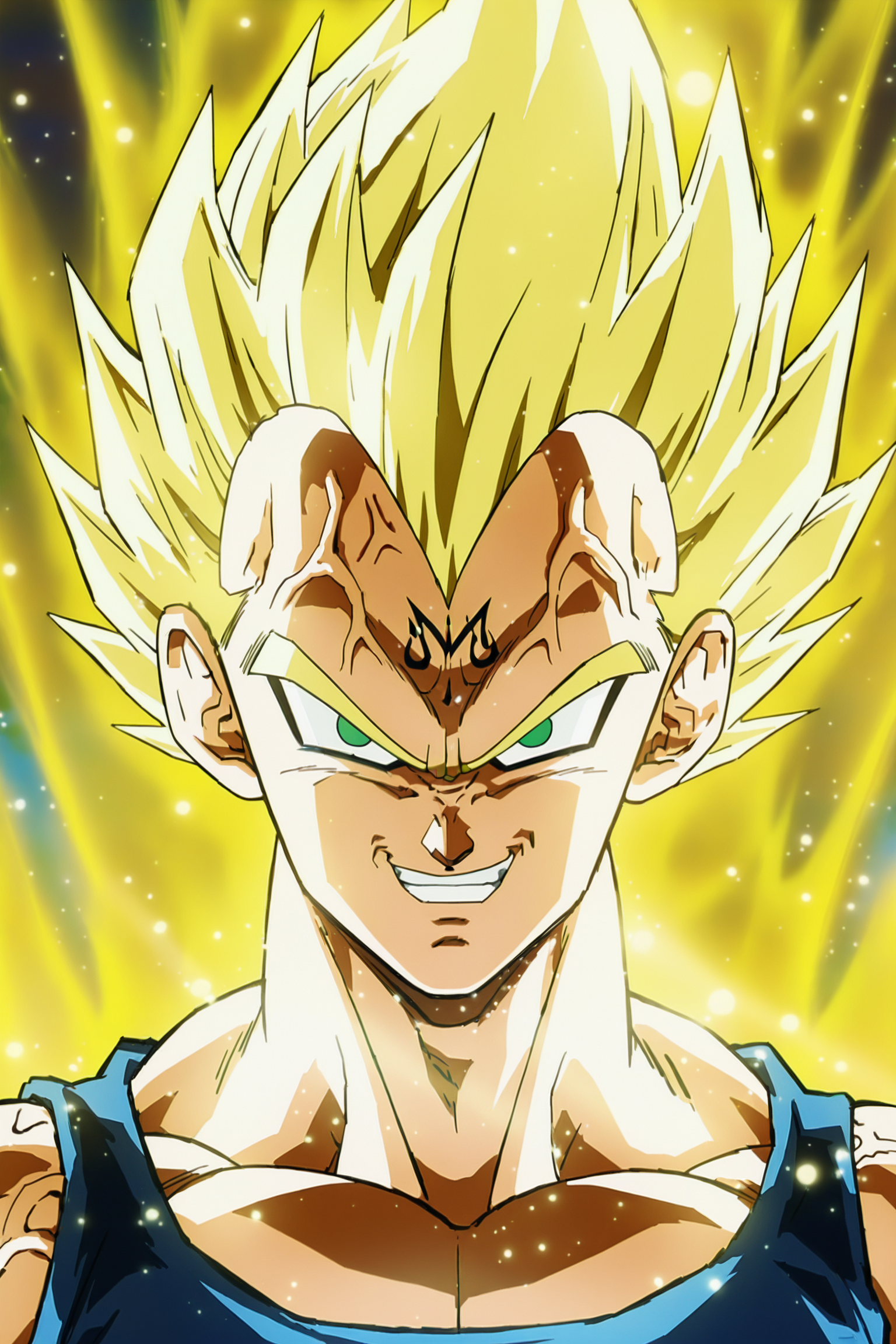 anime screencap, masterpiece, best quality, amazing quality, very aesthetic, absurdres,  newest, (scenery, volumetric lighting), official style, dappled sunlight, light particles, light rays,
vegeta, majin vegeta, official alternate costume, buu saga, super saiyan 2, official style, forehead mark, solo, spiked hair, blonde hair, green eyes, 1boy, blue bodysuit, sleeveless bodysuit, male focus, looking at viewer, evil smile, clenched teeth, eyeliner, portrait, close-up, day, muscular, anger vein, veins, arms at sides, golden aura, no pupils,
<lora:Vegeta_IL_V2:0.8>