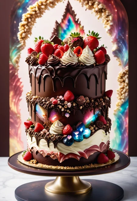a chocolate cake surrounded by cereals and cocoa powder detailed with stawberry creme,, chocolate cake by Jed-ChocoC, decorated with red aura quartz by Jed-Auquartz