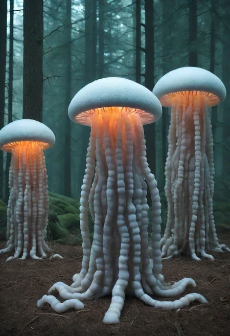 A jellyfish forest with mushrooms glowing in the dark, a forest fantasy in a nature scenery. hideous, monstrous, dwarf humans performing an ancient ritual <cdt:d1=2;d2=2;hrs=1;hd1=2;hd2=2;st1=12;st2=0>
