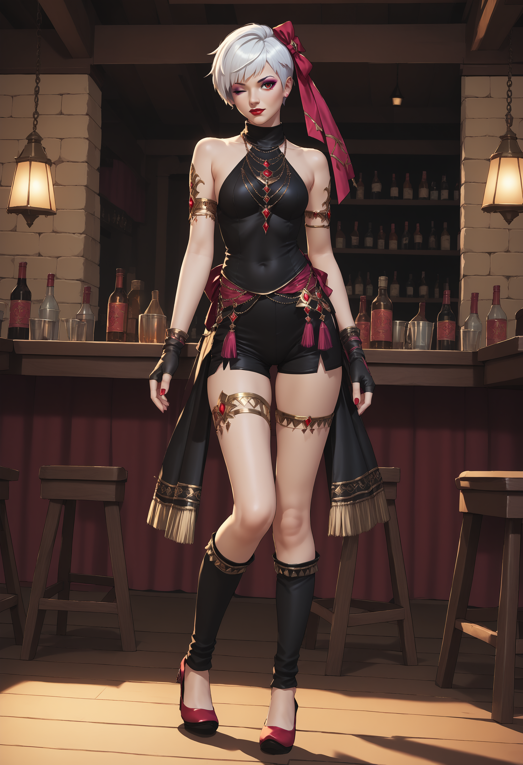 zPDXL,score_9, score_8_up, score_7_up, 1girl, source_anime, tavern, stage, on stage dancing, full body, young woman, white hair, red eyes, pixie cut, short hair, looking at viewer, red lipstick, pastel eyeshadow, one eye closed,
 (black clothing:1.5), <lora:Etoile_Dancer_FFXIV:.75> etoile dancer, jewelry, bare shoulders, shorts, fingerless gloves, high heels, armlet, fringe trim, thigh strap, skirt, hair ribbon, leg warmers, halter shirt,