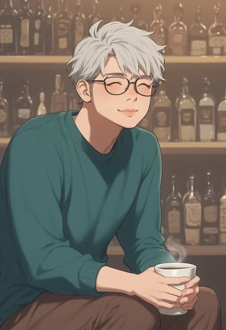 safe_pos, score_9, score_8_up, score_7_up, score_6_up, score_5_up, score_4_up, 1man, short white hair, wavy hair, green eyes, big squared eyeglasses, smart, sexy, pale skin, freckles, green sweater, brown pants, sitting, bar, holding a cup of coffee, crowded, smiling, closed mouth, closed eyes, looking up, happy, angled view, byeongsuart,