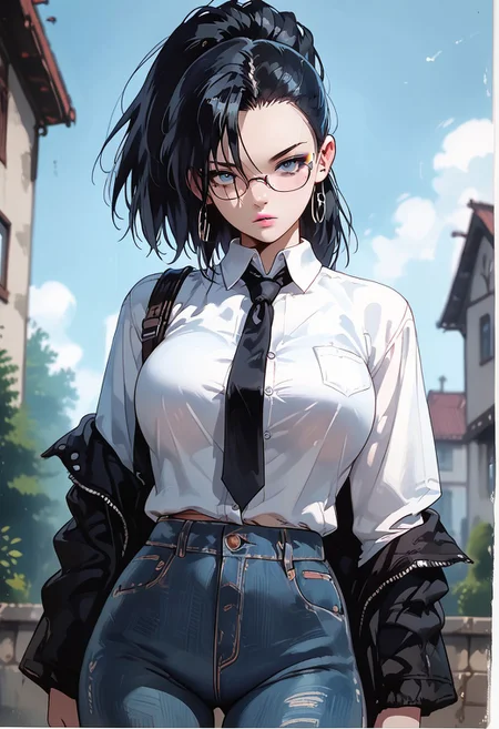 (score_9, score_8_up, score_7_up), melkor_style,
score_9, score_8_up, score_7_up, score_6_up, score_5_up, score_4_up, source_anime, high detailed, high quality, masterpiece, source_anime, high detailed, high quality, masterpiece, 1 girl, 1 boy, couple, romantic couple, straight, hetero, heterosexual, (1 boy, black eyes, black hair, hair between eyes, short hair, school uniform, frame glasses, button down shirt, tie, jacket, houdie, open jacket, blue eyes, jeans), (1 girl, yaoyorozu momo, long hair, bangs, black hair, ponytail, black eyes, high ponytail, wide ponytail, pink lips, big breasts, school uniform, button down shirt, cleavage, pleated skirt, pantyhose), looking at viewer, low angle, background room, cowboy shot, anime screencap, watercolor \(medium\), traditional media, neon.