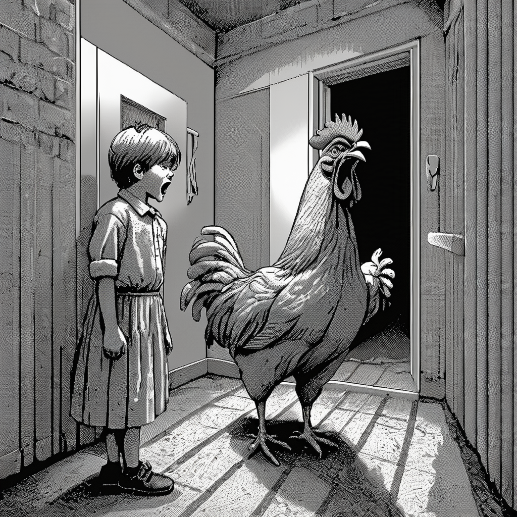 <lora:Macpaint-XL-000015:1>, Macpaint, a black and white pixel image of a chicken screaming at a terrified child, pixel art, best quality, masterpiece, dithering, intricately detailed