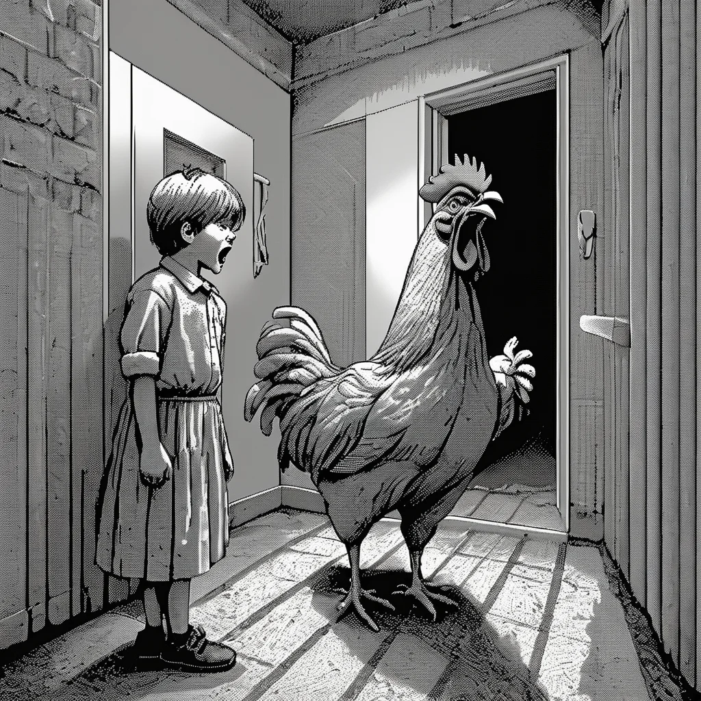 <lora:Macpaint-XL-000015:1>, Macpaint, a black and white pixel image of a chicken screaming at a terrified child, pixel art, best quality, masterpiece, dithering, intricately detailed