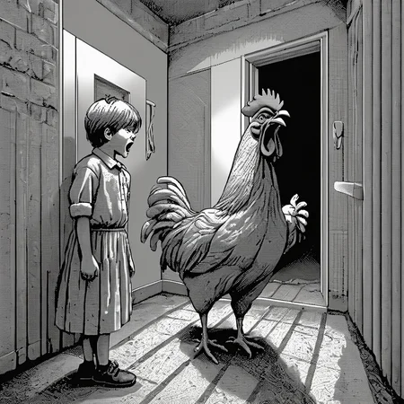<lora:Macpaint-XL-000015:1>, Macpaint, a black and white pixel image of a chicken screaming at a terrified child, pixel art, best quality, masterpiece, dithering, intricately detailed