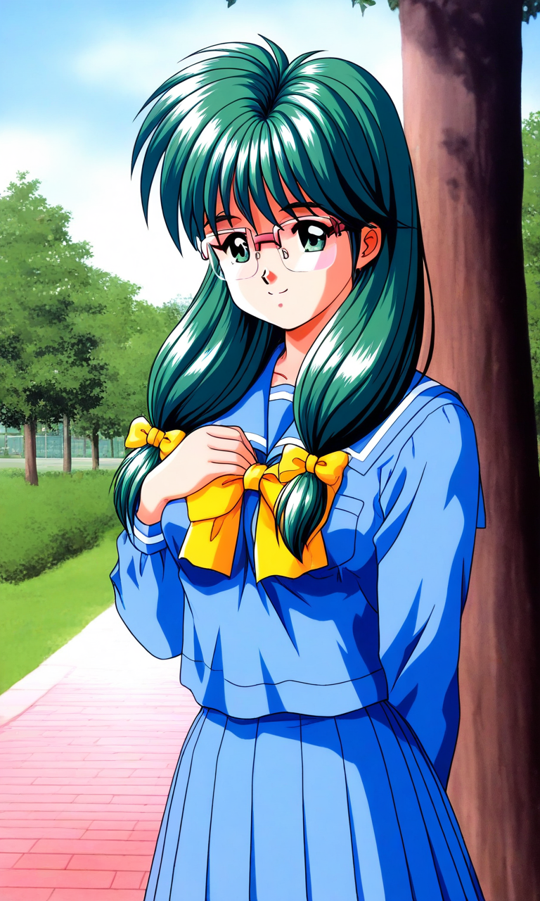 general,highres, ultra-detailed,very aesthetic,best quality ,best hands, BREAK <lora:Kisaragi_Mio_Tokimeki_Memorial_Ver2.0_IS:1>semi-rimless eyewear,
Kisaragi_Mio(Tokimeki_Memorial), 1girl, solo, green hair, twintail, long hair, green eyes, hair over shoulder, Yellow bow, hair bow, low-tied long hair, medium breasts, 
school uniform, light blue serafuku, blue skirt, Yellow bow, hand on own chest, sailor collar, light blue sailor collar, smile, long sleeves, pleated skirt, 
outdoor, tree, sky,