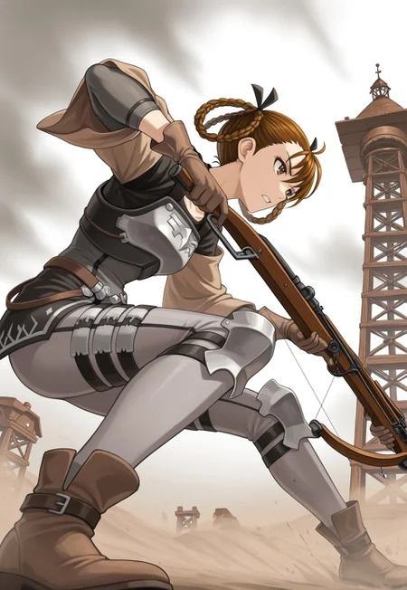 source_vanillaware,
action pose, from below,
1girl, solo,
LizaIL, Liza Unicorn Overlord,
brown eyes, brown hair, braided hair rings, hair rings, black hairbows,
black top, exposed neck, small breastplate, gray bodysuit, beige sleeves, wide sleeves, brown gloves, leather straps, brown shoes,
stoic, grit teeth, looking away, hunching down, holding lever,
holding crossbow, large crossbow, crossbow in front,
duststorm, dusty, watchtower,