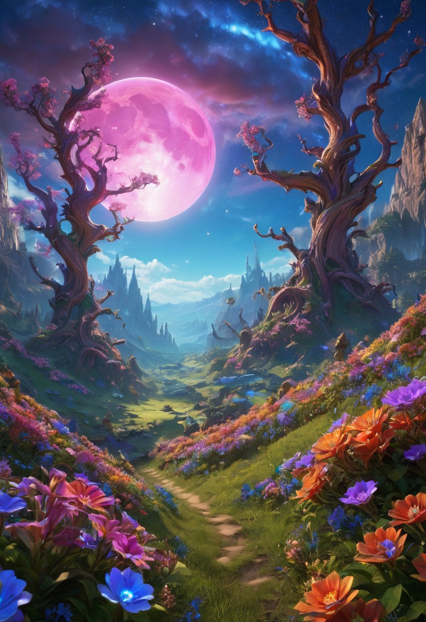 (masterpiece:1.5), unreal 8k wallpaper, unity 8k wallpaper, score 9, score 8 up, score 7 up, masterpiece_portrait, extreme quality, reflection, surface reflection, dynamic lighting, Cinematic style, cinematic quality, ((no humans, no people)), photorealistic, realistic, a spectrum of iridescent colors, precise, fractal design, flowing curves, precision, colorful, fractal geometry, harmonic interference, digital illustration, photo manipulation, altered realities, fantastical scenes, digital artistry, striking visuals, sharp focus, detailed background, light reflection, fantasy, science fiction, A enormous magical world, massive valley, in the center of the valley is (a magnificent magical landscape), the (magical landscape) has been here for a very long time, where this (magical landscape) came from no one knows it has long been forgotten, beautiful blue skies majestic clouds, gnarled trees dot the landscape, in the sky you can see (three huge moons) is all inspiring and a little frightening, the valley is also covered in beautiful multicolored flowers and multi-colored trees, no life can be seen anywhere, (World of Warcraft), 3D blender, bushes, grass, flowers, night time, starry sky, moonlight, dnd,