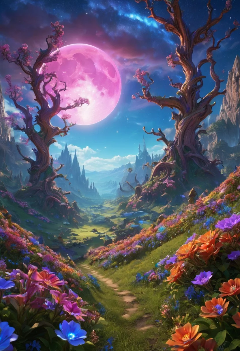(masterpiece:1.5), unreal 8k wallpaper, unity 8k wallpaper, score 9, score 8 up, score 7 up, masterpiece_portrait, extreme quality, reflection, surface reflection, dynamic lighting, Cinematic style, cinematic quality, ((no humans, no people)), photorealistic, realistic, a spectrum of iridescent colors, precise, fractal design, flowing curves, precision, colorful, fractal geometry, harmonic interference, digital illustration, photo manipulation, altered realities, fantastical scenes, digital artistry, striking visuals, sharp focus, detailed background, light reflection, fantasy, science fiction, A enormous magical world, massive valley, in the center of the valley is (a magnificent magical landscape), the (magical landscape) has been here for a very long time, where this (magical landscape) came from no one knows it has long been forgotten, beautiful blue skies majestic clouds, gnarled trees dot the landscape, in the sky you can see (three huge moons) is all inspiring and a little frightening, the valley is also covered in beautiful multicolored flowers and multi-colored trees, no life can be seen anywhere, (World of Warcraft), 3D blender, bushes, grass, flowers, night time, starry sky, moonlight, dnd,