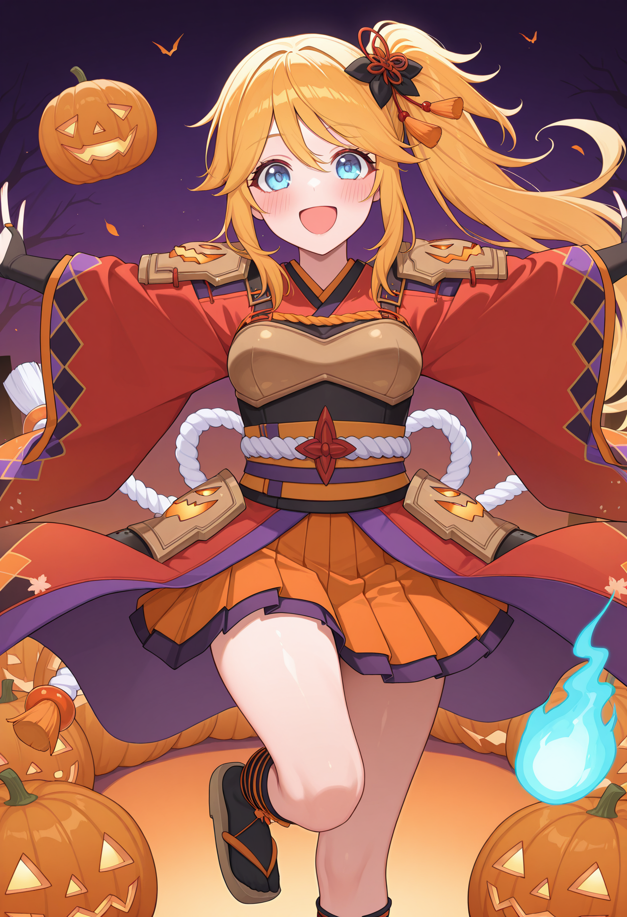 spread arms, looking at viewer, hitodama, open mouth, smile, blush, looking at viewer, standing on one leg, pcrninon, blonde hair, long hair, medium breasts, pninhal, blue eyes, side ponytail, hair ornament, black bow, obi, two-tone kimono, red kimono, wide sleeves, breastplate, black gloves, fingerless gloves, bridal gauntlets, orange skirt, shimenawa, pleated skirt, shoulder armor, jack-o'-lantern, <lora:_ninon_pcr-elesico-ilxlA:1> highres, best quality, masterpiece,
1girl, solo,