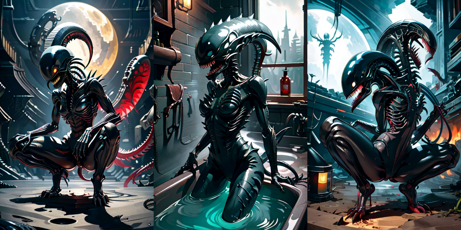 (otherworldly), highly insanely detailed, masterpiece, top quality, best quality, highres, 4k, 8k, RAW photo, (very aesthetic, beautiful and aesthetic), 
__lazy-wildcards/cosplay-char/alien-predator/xenomorph/prompts__, 
<lora:FemXeno:0.6>, 
(1girl:1.3), eyes focus, 
__lazy-wildcards/dataset/background__,âââ