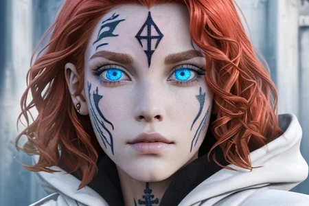 bright red hair, human female, (feminine:1.7), (beautiful face, detailed face:1.6), (beautiful eyes, detailed eyes:1.7), (looking at viewer, eye contact, intense:1.6), (long hair, red hair, curly hair:1.3), , ((masterpiece, best quality, high resolution, realistic, best quality,)), photo realistic, Perfect Face, (detailed face). <lora:GoodHands-vanilla:0.6> <lora:add-detail-xl:0.8>, mage, (Dress White military uniform coat), dagger, rune dagger, glowing runes, , (((glowing magic symbols tattoos, religious tattoos))), ((face tattoos)), glowing tattoos, stone tower in the background