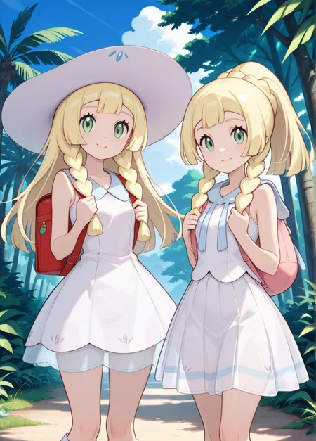 masterpiece, best quality, amazing quality, very aesthetic, absurdres, newest, detailed background, cowboy shot, outdoors, looking at viewer, official style,
lilliexd, blonde hair, bag, hat, green eyes, braid, long hair, sleeveless, skirt, dress, white dress, white headwear, sun hat, sleeveless dress, backpack, holding strap, twin braids, socks, 2girls, multiple girls, smile, ponytail, white skirt, dual persona, pleated skirt, standing, shirt, bangs, see-through,
<lora:Lillie_-_Pokemon_Illustrious:1>