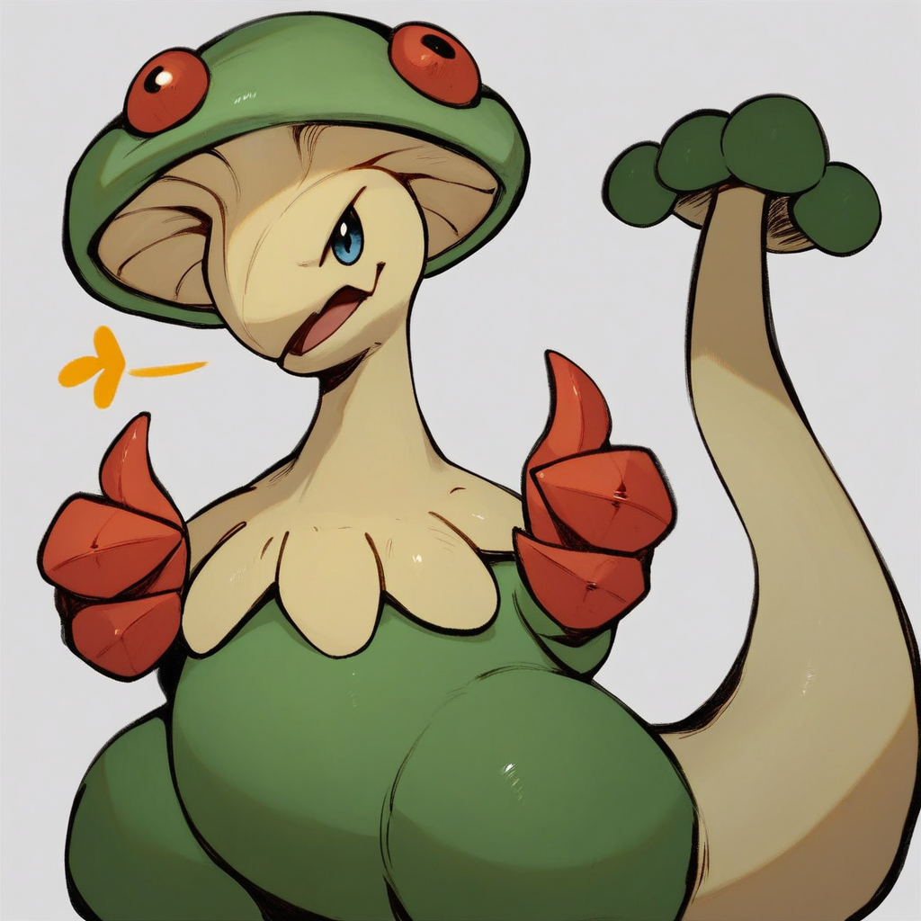 score_7_up, score_8_up, breloom, pokemon (creature),  green body, mushroom head, two claws, tail, upper body, (thumbs up:1.15), simple background,