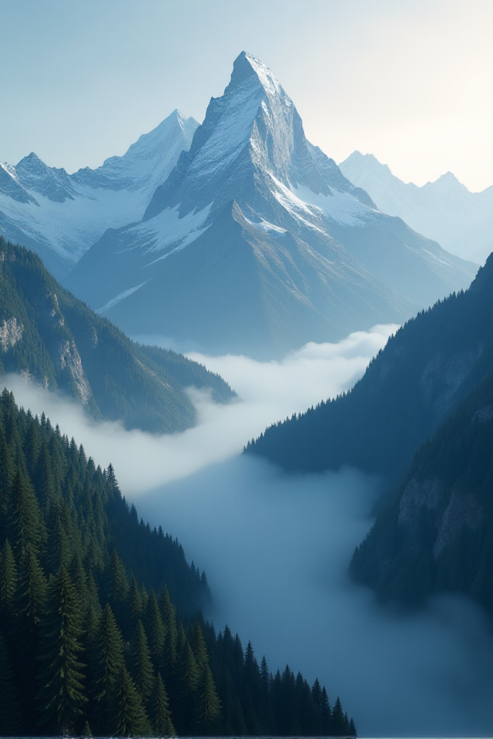 their peaks veiled in mist. great lighting, A surreal landscape highly detailed . extremely high-resolution details, appears trapped in an optical illusion of reflections and refractions colorful , professional photography, natural lighting, volumetric lighting maximalist. intricately detailed, complex, elegant, expansive, fantastical, film photography style, in the distance layers of mountains strech to the horizon in shades of blue, mysterious fog envelops the landscape, adding depth and atmosphere to the composition, ultra-detailed, hyper-detailed, ambient lighting, (masterpiece), (Amazing quality), (phenomenal aesthetic), cinematic moment, 8K<lora:FLUX_Ghibsky_Illustrations.safetensors:0.8:1.0>âââ