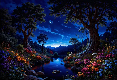 (in full view:1.2), (seen from a distance, wide angle:0.55), The style a combination of [Issac Asimov|Igor Zenin|Heather Theurer], Under lighting, alien planet, alien plants, bioluminescent plants. Harmonious madness, synergy with chance, unique art style, mind bending art. Digital painting in a realistic style representing strange visions of A forest, struck by a meteorite that has been altered by radiation coming from the meteor. The forest, once a popular place for walks has transformed into something out of another dimension. The trees, plants and animals have all begun to transform into life forms alien to earth. The wild flowers have developed unusual growth patterns, most have become vines with smaller flowers and are less colorful. The trees have stayed their usual green color but their shape and size have been altered.  A digital rendering, high-res, ultra detailed, photo manipulation, altered realities, <lora:+FluxVelvet's_Mythic_Fantasy:0.7> <lora:Midjourney_Whisper_Chromaplex_Velvet_Myst_v01:0.4> <lora:Epic_gorgeous_Details-flux.1:0.4> <lora:Amazing_scenery_v3:0.6> <lora:UltraReal_Fine-Tune:0.3> <lora:Realism-lora-Flux:0.6> <lora:low-light-flux-v2:0.5>