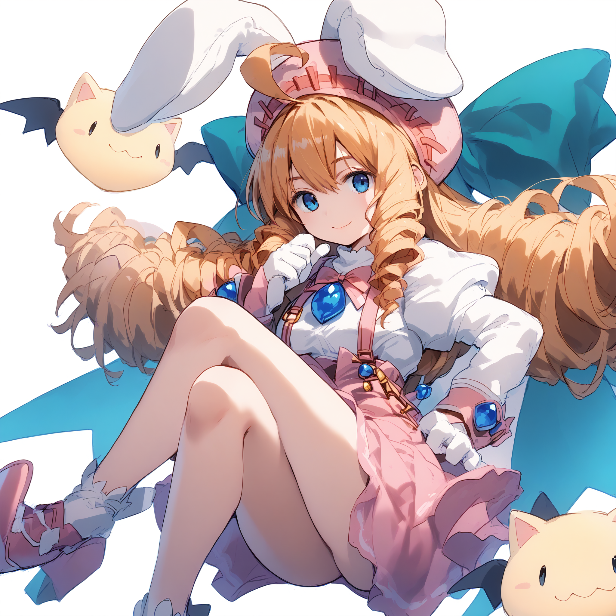 (score_9:1.2), score_8_up, score_7_up, source_anime, BREAK , best quality,<lora:fancy_mel(dewprism)-pony:1>, fancy_mel(dewprism), 1girl, solo, long hair, looking at viewer, smile, simple background, blonde hair, white background, gloves, dress, hat, bow, animal ears, sitting, ahoge, shoes, white gloves, rabbit ears, black eyes, bare legs, drill hair, crossed legs, pink headwear, ringlets