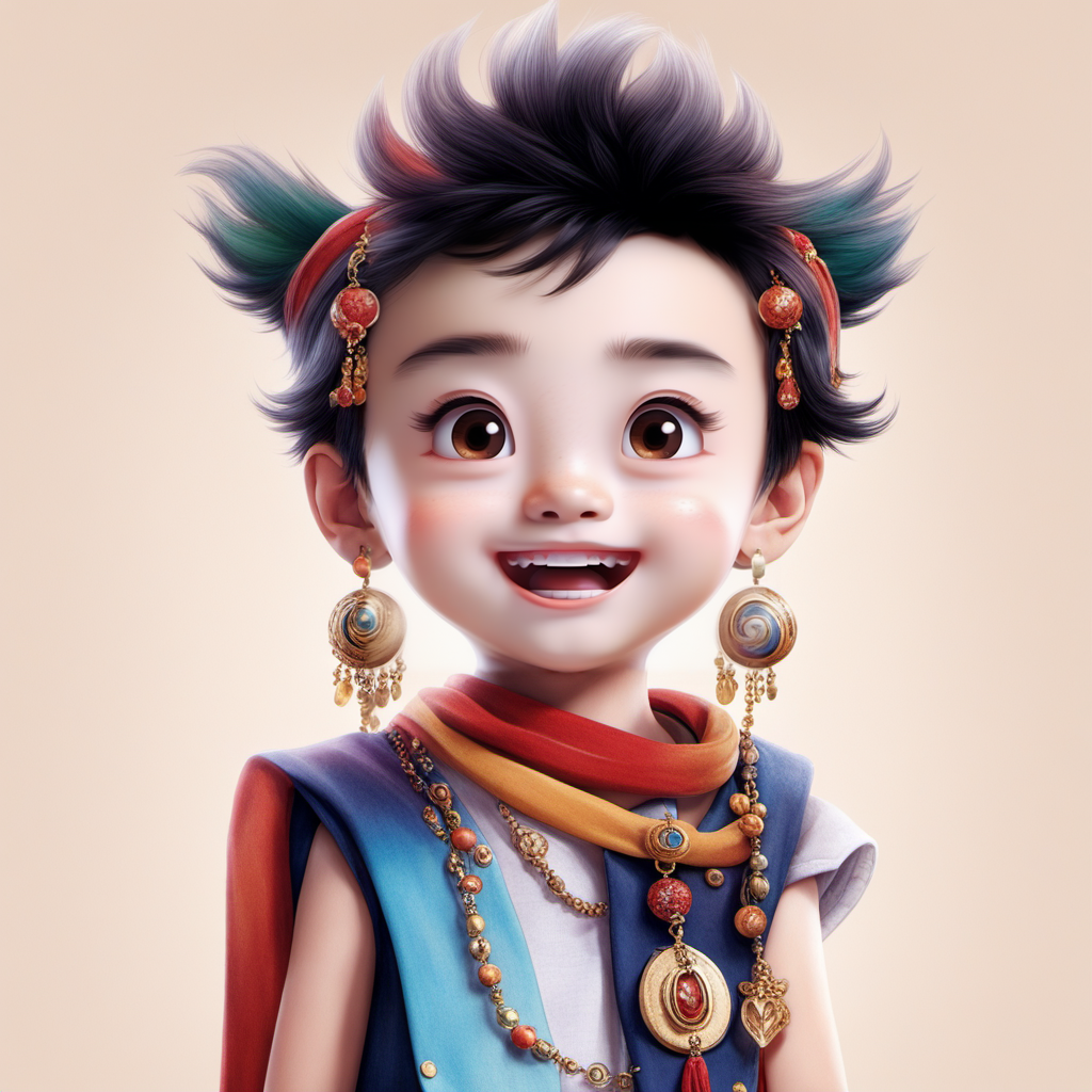 <lora:xiaoka:1>,xh,solo,1boy,male focus,black hair,male child,jewelry,earrings,smile,looking at viewer,brown eyes,child,upper body,simple background,teeth,open mouth,