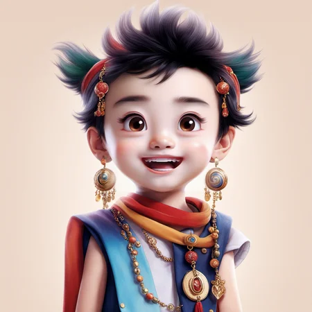 <lora:xiaoka:1>,xh,solo,1boy,male focus,black hair,male child,jewelry,earrings,smile,looking at viewer,brown eyes,child,upper body,simple background,teeth,open mouth,