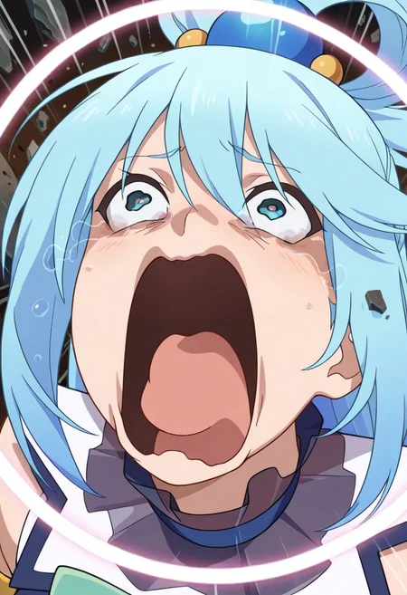 1girl, solo,
Aqua \(Konosuba\),
aquascreaming, screaming, open mouth, crying with eyes open, face focus,
super scream, shockwaves, concentric rings, debris,
emphasis lines,
masterpiece, best quality, amazing quality,