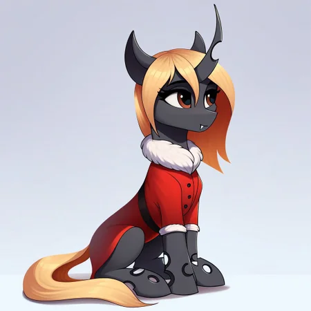 masterpiece, score_9_up, score_8_up, score_7_up, score_6_up, (best quality:1.1), ultra-detailed, high resolution, 1character, solo, Helvia, changeling queen oc, mlp, feral, ears, (((beautiful detailed light-brown eyes))), single horn, black skin, long blonde mane, red clothes, white fur trim, full body, hooves, sitting, simple background, ((8k)) shiny, shadows, highly visible, sharp focus, anatomically correct, extremely detailed, best digital art
