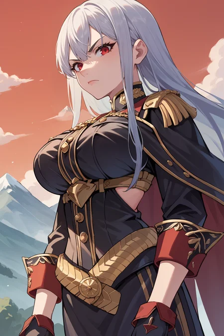 score_9, score_8_up, score_7_up, score_6_up, source_anime, BREAK 1girl, solo <lora:selvaria-pdxl-nvwls-v1-000005:1> selvaria, very long hair, black shirt, black capelet, epaulettes, belt, black leggings, detached sleeves, black gloves, plateau, mountain, blue sky, serious, from below, red sky, looking at you, large breasts, arms at sides