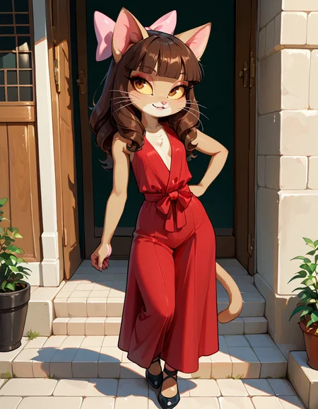 masterpiece, best quality, very aesthetic, absurdres,
outdoors,
full body, posing,
seductive smile, parted lips, long eyelashes,
<lora:Ivy_Pepper_v01_NAIXL:1>
1vyP3pp3r,1girl,solo,furry,furry female,cat girl,cat ears,brown hair,hair bow,long hair,blunt bangs,brown eyes,yellow sclera,animal nose,whiskers,body fur,cat tail,